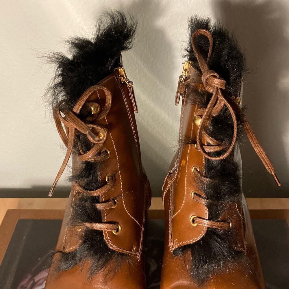Prada Tobacco Burnished Leather Fur Combat Boot Orig $1400 Sz 38 / 7.5 8~ Mint - Picture 8 of 12